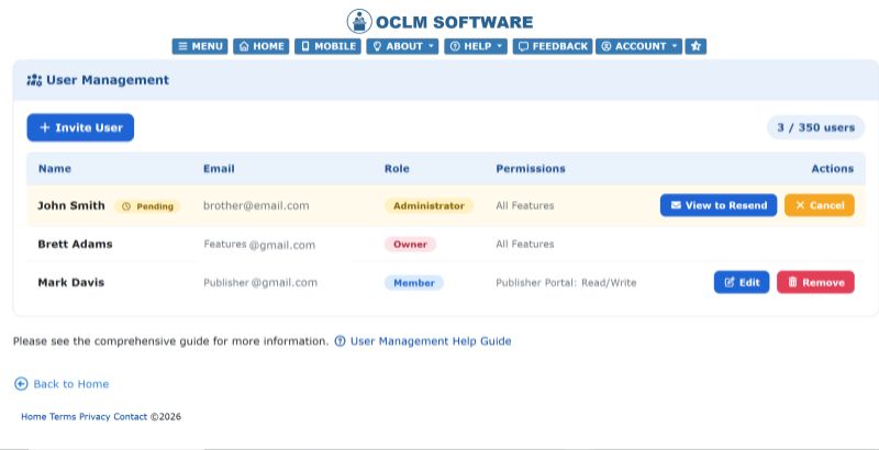 OCLM User Management screen for managing congregation member accounts, roles, and feature access permissions