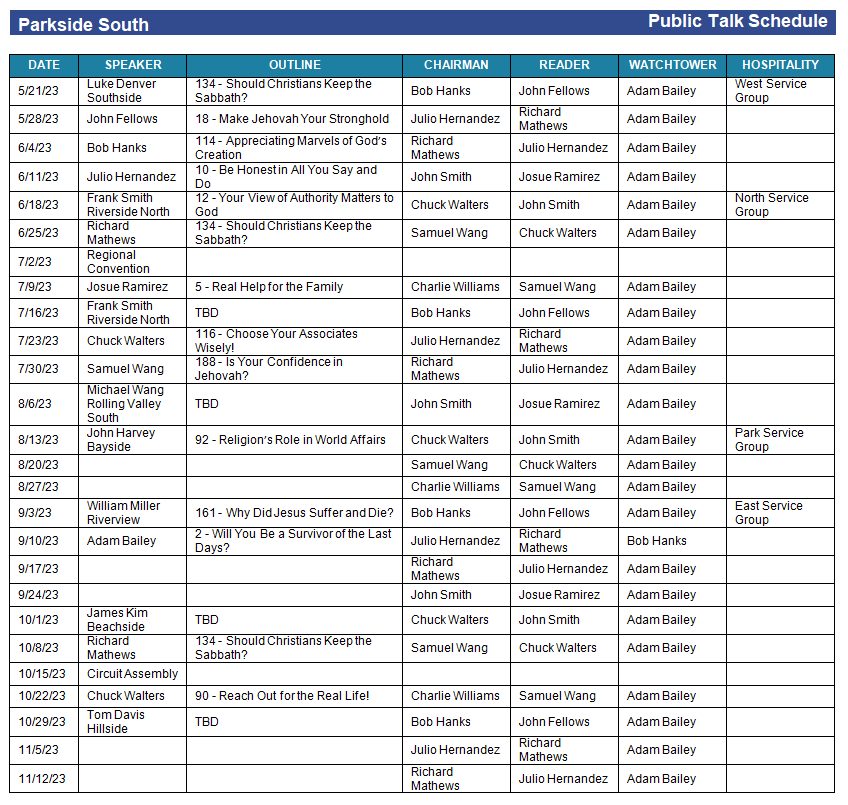 OCLM Weekend Meeting Schedule Printout example showing professional formatting for congregation information board display with Public Talk and Watchtower meeting details