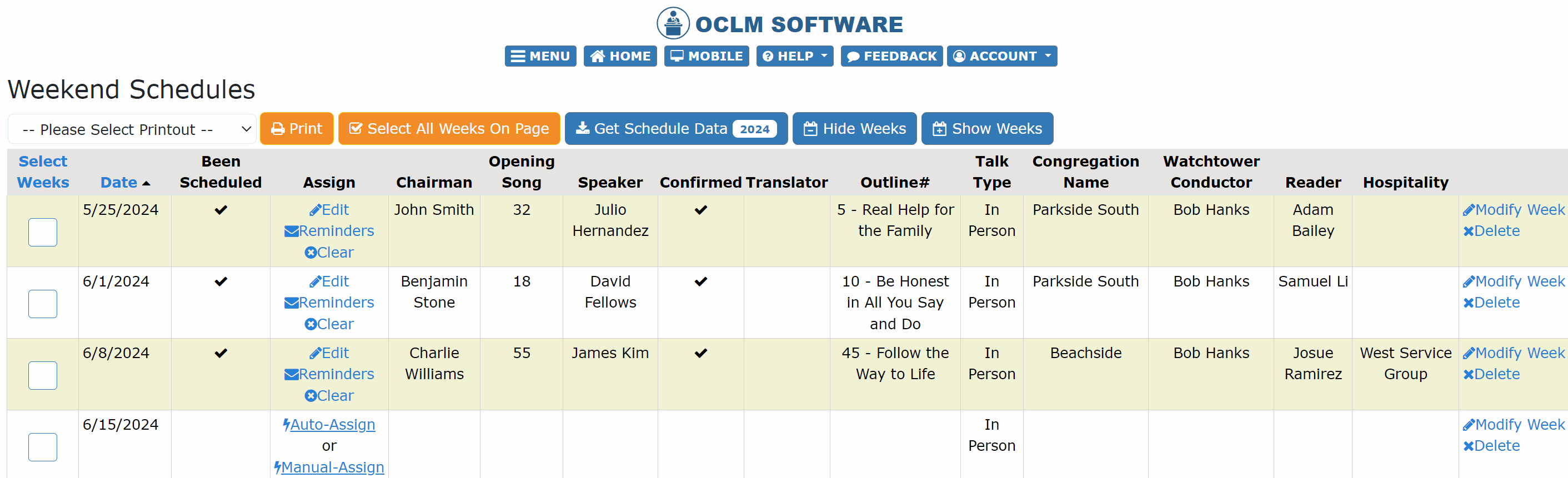 OCLM Weekend Meeting Schedule Page demonstrating automated assignment features, special week management, and digital communication tools for Public Talks and Watchtower studies